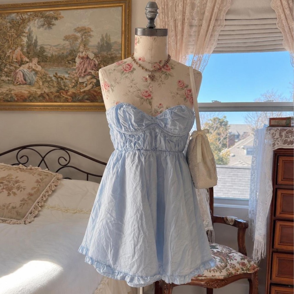 Blue babydoll dress  Strapless a line romantic mini dress